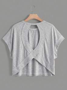 2pcs/Set Tween Girl Summer Casual Fashion Grey Hiking Round Neck Loose T-Shirt, Criss-Cross Backless Contrast Trim, Back To School Matching - Grey - View 6
