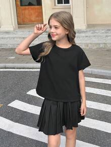 2pcs/Set Tween Girl Summer Casual Fashion Grey Hiking Round Neck Loose T-Shirt, Criss-Cross Backless Contrast Trim, Back To School Matching - Grey - View 3