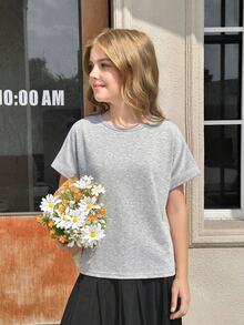 2pcs/Set Tween Girl Summer Casual Fashion Grey Hiking Round Neck Loose T-Shirt, Criss-Cross Backless Contrast Trim, Back To School Matching - Grey - View 4