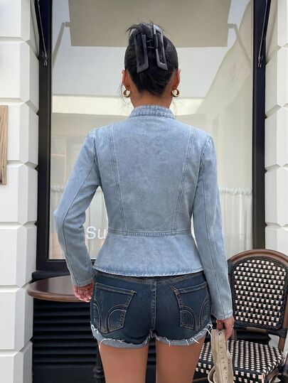 Muchica Women's Double-Breasted Long Sleeve DenimJacket, 70s Retro 90s Streetwear Autumn Festival Back To School Y2k Everyday Day Time Light Blue