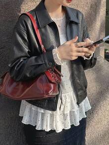 DAZY Spring New Vintage Leather Jacket, Short Style, Regular Fit, Suitable For Valentine's Day - Black - View 6