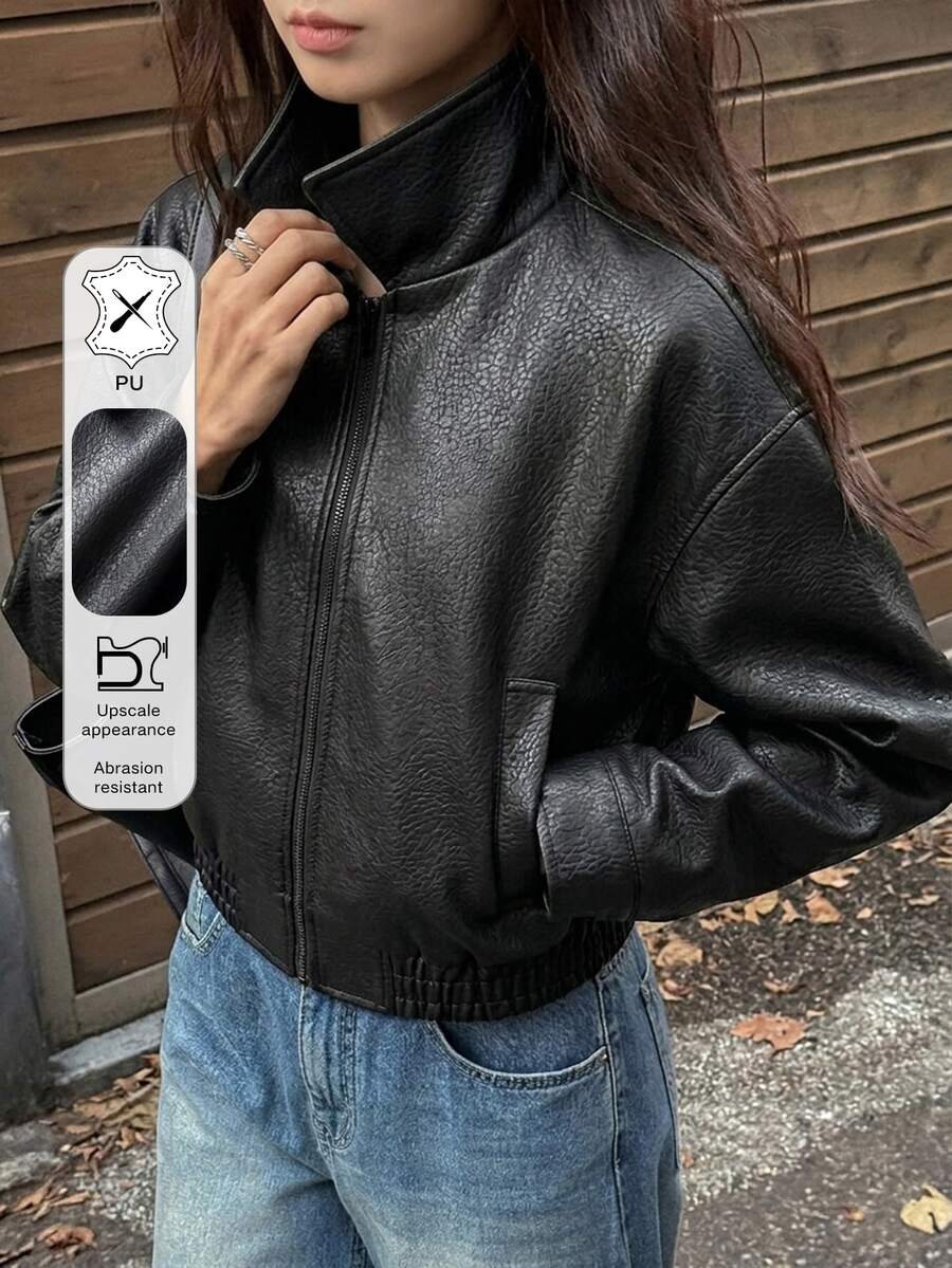 DAZY Spring New Vintage Leather Jacket, Short Style, Regular Fit, Suitable For Valentine's Day - Black - View 1