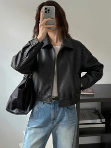 DAZY Spring New Vintage Leather Jacket, Short Style, Regular Fit, Suitable For Valentine's Day - Black - View 4