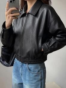 DAZY Spring New Vintage Leather Jacket, Short Style, Regular Fit, Suitable For Valentine's Day - Black - View 8