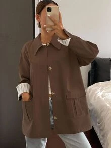 Livesso معطف نسائي طويل بأكمام طويلة وجيب وياقة، بتصميم كتل ألوان متناسقة، ملائم للخريف رمضان - قهوة بني - مشاهدة 3