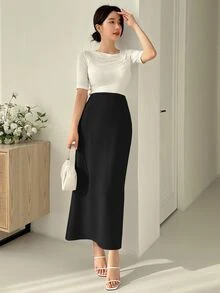 DAZY Women's Solid Color High Split Fish Tail Mid-Length Skirt Summer - Black - View 2