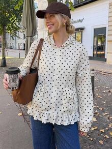 DAZY Women's Polka Dot Long Sleeve Regular Jacket School Cute Tops - Apricot - View 10