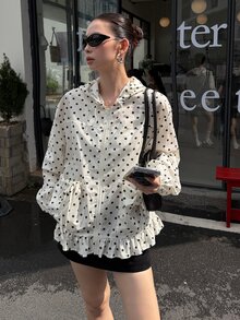 DAZY Women's Polka Dot Long Sleeve Regular Jacket School Cute Tops - Apricot - View 3