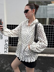 DAZY Women's Polka Dot Long Sleeve Regular Jacket School Cute Tops - Apricot - View 8