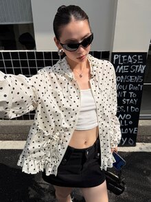 DAZY Women's Polka Dot Long Sleeve Regular Jacket School Cute Tops - Apricot - View 4