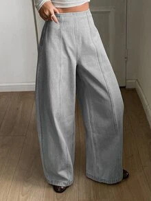 DAZY جينز بخصر عادي وتصميم شق عمودي ساق برميلية كاجوال Y2K للنساء - رمادي فاتح - مشاهدة 2
