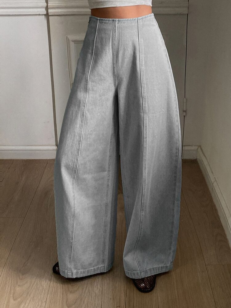 DAZY Women's Regular Waist Vertical Line Split Design Casual Barrel Leg Jeans Y2k - Light Grey - View 3