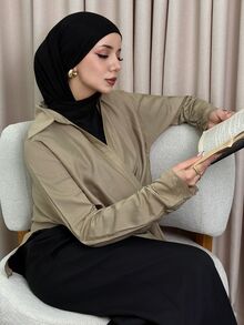 DAZY بلوزة ملفوفة مجعدة بأكمام خفافيش وذيل غير متماثل، ملابس علوية بأكمام طويلة للخريف رمضان - كاكي - مشاهدة 3