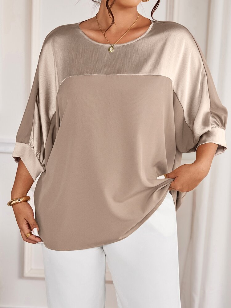 Cravure Plus Size Pink And Grey,Autumn,Elegant,Dinner Round Neck 3/4 Raglan Sleeve Metallic Fabric Patchwork Contrast Color Pullover Shirt Holiday Commute - Champagne - View 5