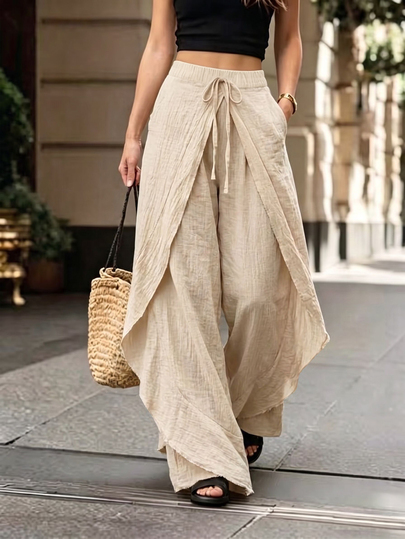 SHEIN Holidaya 2026 New Spring/Autumn Textured Pleated 2 In 1 Split Wide Leg Pants For Women, Elastic Drawstring High Waist Flattering Skort, Summer Draped Casual Cropped Pants, Vacation Style Loose Flowy Double Layer Outerwear Pants, Daily Commute Versatile Solid Color Textured Casual Pants