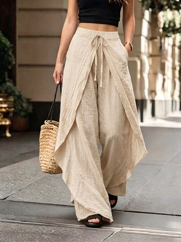 SHEIN Holidaya 2026 New Spring/Autumn Textured Pleated 2 In 1 Split Wide Leg Pants For Women, Elastic Drawstring High Waist Flattering Skort, Summer Draped Casual Cropped Pants, Vacation Style Loose Flowy Double Layer Outerwear Pants, Daily Commute Versatile Solid Color Textured Casual Pants