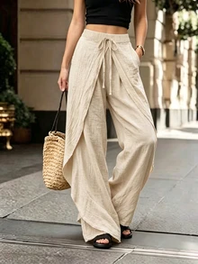 SHEIN Holidaya 2026 Neue Frühling/Herbst strukturierte plissierte 2 in 1 Split-Hose mit weitem Bein für Damen, elastischer Kordelzug hohe Taille schmeichelhafte Skort, Sommer drapierte lässige kurze Hose, Urlaubsstil locker fließende doppellagige Oberbekleidungshose, tägliche Pendler vielseitige einfarbige strukturierte lässige Hose - Aprikosenfarben - Übersicht 4