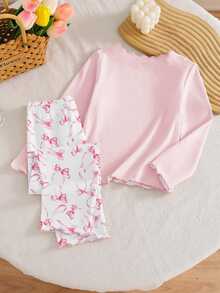 [Random 1 Set]Baby Girl Spring/Autumn New Pearl Bow Combination Pattern Top With Full Bow Print Pants, Allover Print Knit Wavy Contrast Trim Long Sleeve Long Pants 2-Pieces Set Loungewear - Grey - View 2