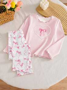[Random 1 Set]Baby Girl Spring/Autumn New Pearl Bow Combination Pattern Top With Full Bow Print Pants, Allover Print Knit Wavy Contrast Trim Long Sleeve Long Pants 2-Pieces Set Loungewear - Grey - View 1