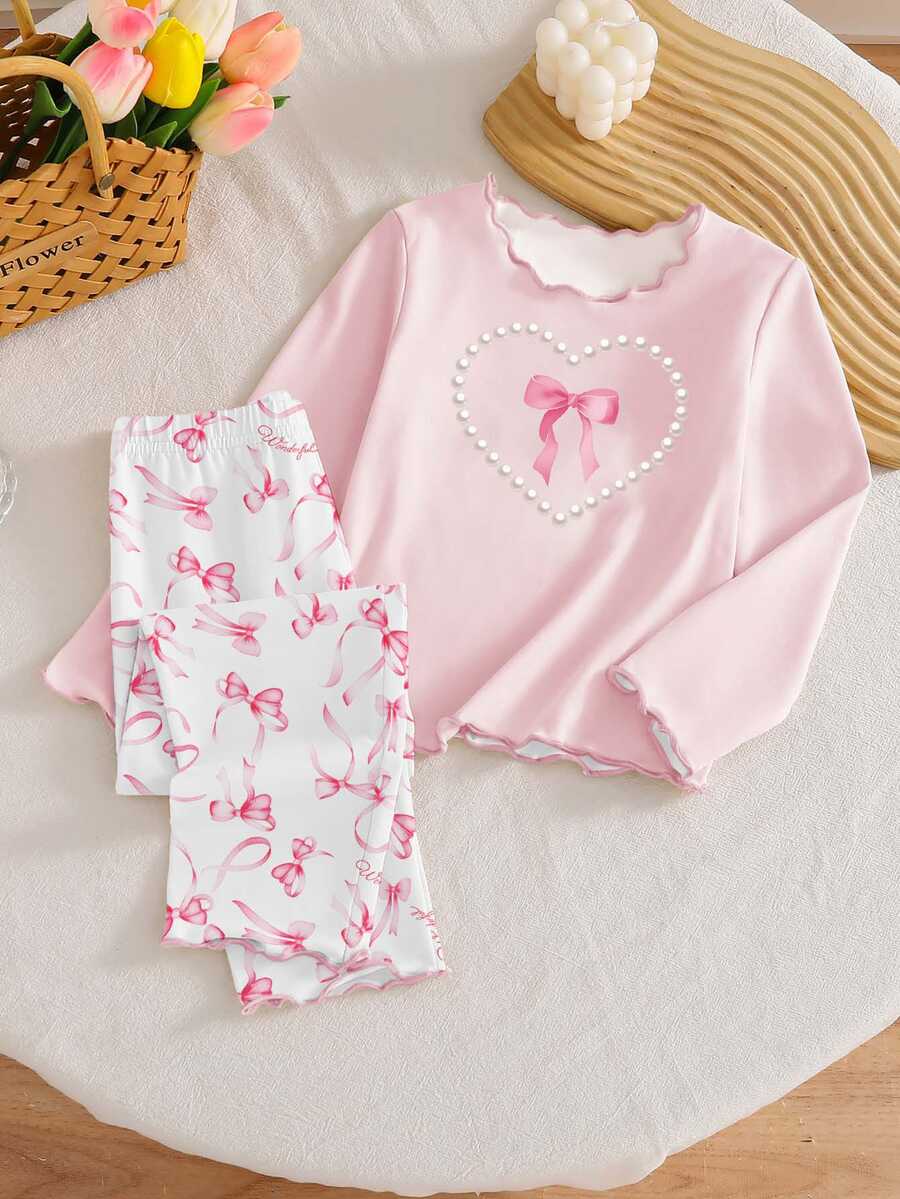 [Random 1 Set]Baby Girl Spring/Autumn New Pearl Bow Combination Pattern Top With Full Bow Print Pants, Allover Print Knit Wavy Contrast Trim Long Sleeve Long Pants 2-Pieces Set Loungewear - Grey - View 1
