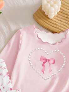 [Random 1 Set]Baby Girl Spring/Autumn New Pearl Bow Combination Pattern Top With Full Bow Print Pants, Allover Print Knit Wavy Contrast Trim Long Sleeve Long Pants 2-Pieces Set Loungewear - Grey - View 3