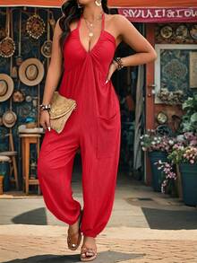 Breezaya Plus Size Textured V-Neck Pocket Drawstring Jumpsuit, Casual Wear For Home, Outing And Vacation - Red - View 3