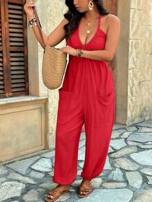 Breezaya Plus Size Textured V-Neck Pocket Drawstring Jumpsuit, Casual Wear For Home, Outing And Vacation - Red - View 1