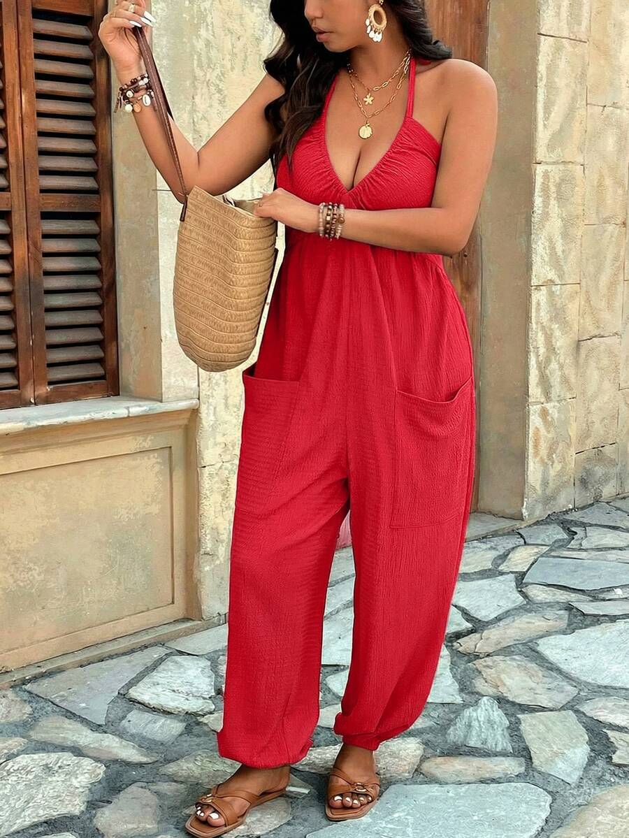 Breezaya Plus Size Textured V-Neck Pocket Drawstring Jumpsuit, Casual Wear For Home, Outing And Vacation - Red - View 1