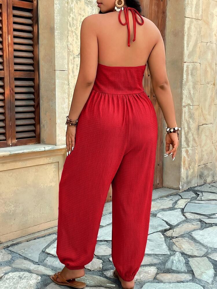 Breezaya Mono con cuello en V texturizado, bolsillo y cordón, talla grande, para uso casual en casa, salidas y vacaciones - Rojo - Añade 2