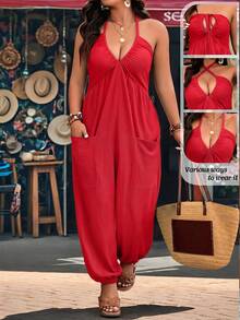 Breezaya Plus Size Textured V-Neck Pocket Drawstring Jumpsuit, Casual Wear For Home, Outing And Vacation - Red - View 6