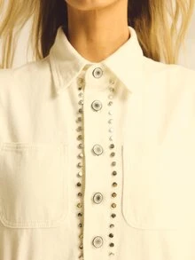 Aralina 女款白色鉚釘短版夾克，鈕扣前開襟，短袖休閒外出上衣，適合音樂節、度假、夏秋冬季，牛仔女孩風可愛上衣 - 白色 - 查看 16