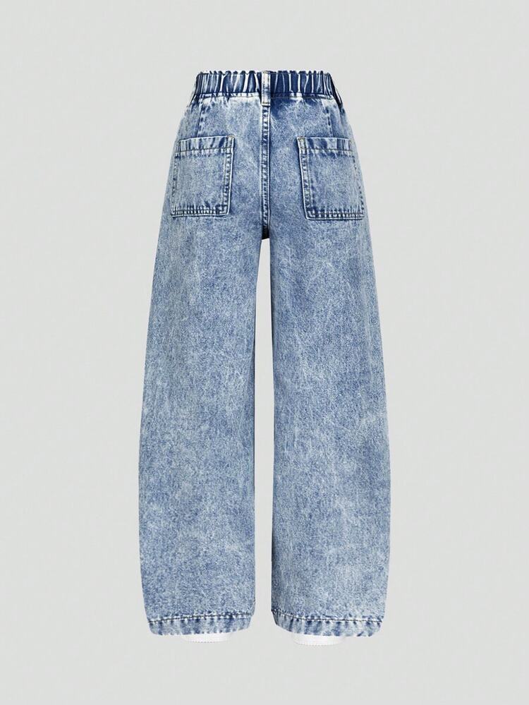 SHEIN Tween Girls' Light Blue Elastic Waist Bow Decor Casual Streetwear Loose Fit Washed Wide Leg Jeans Summer Vacation Holiday - Medium Wash - View 2