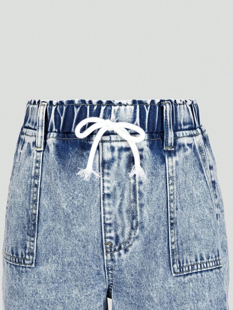 SHEIN Tween Girls' Light Blue Elastic Waist Bow Decor Casual Streetwear Loose Fit Washed Wide Leg Jeans Summer Vacation Holiday - Medium Wash - View 7