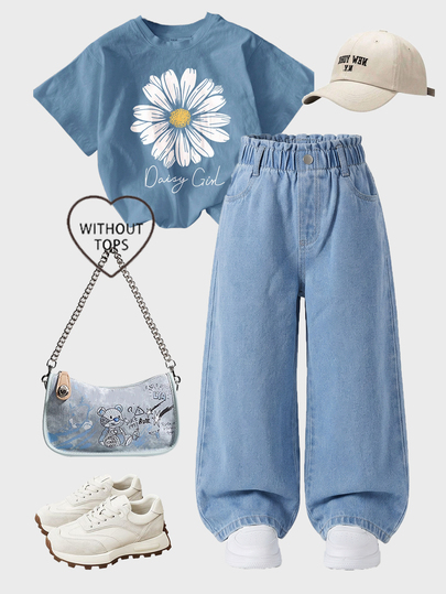 SHEIN Celana Jeans Denim Anak Perempuan, Gaya Baru Musim Semi/Gugur, Kasual Modis, Warna Denim Biru Sedang Vintage, Desain Pinggang Elastis, Potongan Kaki Lurus Longgar dan Lebar, Kain Denim Katun Murni yang Nyaman, Gaya Serbaguna untuk Sehari-hari, Cocok untuk Liburan, Pesta, dan Berbagai Acara, Celana Jeans Denim Anak Perempuan Gaya Baru Musim Semi/Gugur