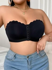 SHEIN Plus Size Women's Solid Color Arched Front-Closure Bustier Bra - Black - View 3