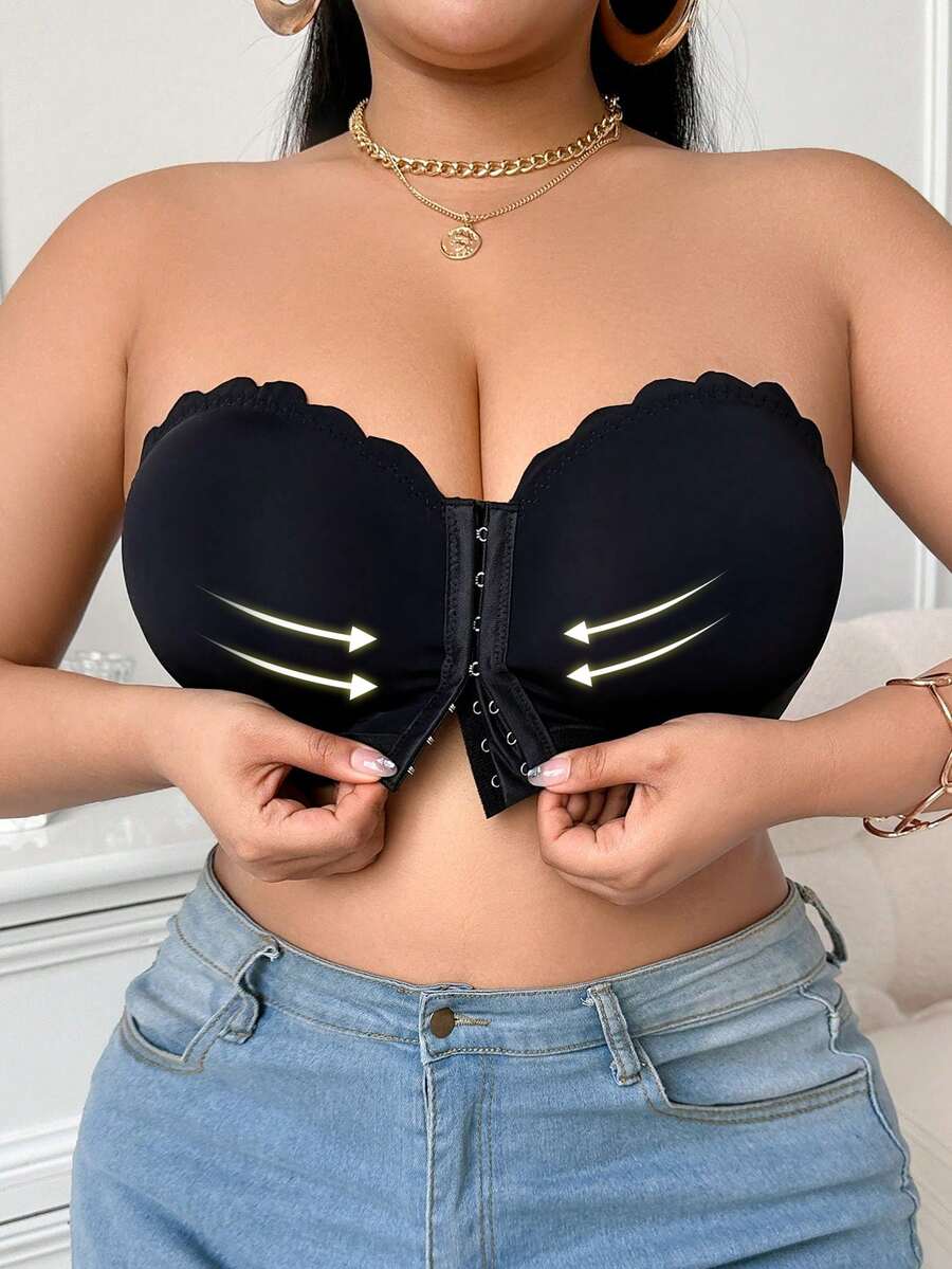 SHEIN Plus Size Women's Solid Color Arched Front-Closure Bustier Bra - Black - View 1