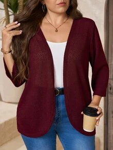 SHEIN LUNE 大尺碼女款純色休閒簡約百搭日常通勤開衫外套 教師節 秋冬穿搭 酒紅色 - 紅色 - 查看 3