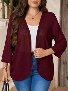 SHEIN LUNE 大尺碼女款純色休閒簡約百搭日常通勤開衫外套 教師節 秋冬穿搭 酒紅色 - 紅色 - 查看 8