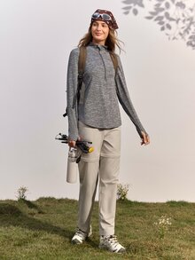 In My Nature 女款灰色半拉鍊登山T恤－小立領長袖戶外上衣 - 灰色 - 查看 5