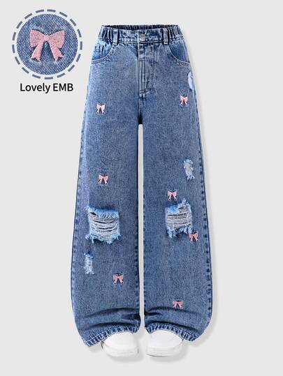 SHEIN Jeans rasgados para niñas preadolescentes, estilo dulce Y2K lindo, vintage lavado azul claro, denim con cintura elástica, bordado de lazo rosa, pierna ancha holgada, corte , detalle de flecos desgastados, versátil para regreso a clases y salidas diarias