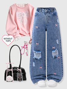 SHEIN 青少年女孩破洞牛仔褲 全季節甜美可愛 Y2K 風格復古水洗粉藍丹寧彈性腰頭 粉色蝴蝶結刺繡寬腿版型校園穿搭 - 深色水洗藍 - 查看 5