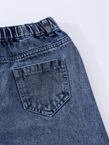 SHEIN 青少年女孩破洞牛仔褲 全季節甜美可愛 Y2K 風格復古水洗粉藍丹寧彈性腰頭 粉色蝴蝶結刺繡寬腿版型校園穿搭 - 深色水洗藍 - 查看 8