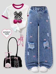 SHEIN 青少年女孩破洞牛仔褲 全季節甜美可愛 Y2K 風格復古水洗粉藍丹寧彈性腰頭 粉色蝴蝶結刺繡寬腿版型校園穿搭 - 深色水洗藍 - 查看 4