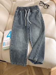 SHEIN 女童牛仔長褲，秋季新品，時尚休閒風，復古藍色水洗，抽繩設計，直筒寬鬆版型，輕量柔軟牛仔面料，時尚女孩必備，適合四季穿著，日常穿搭、拍照、購物、出遊、音樂節等多場合，2026新款女童牛仔長褲 - 中等水洗藍 - 查看 3