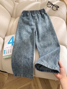 SHEIN 女童牛仔長褲，秋季新品，時尚休閒風，復古藍色水洗，抽繩設計，直筒寬鬆版型，輕量柔軟牛仔面料，時尚女孩必備，適合四季穿著，日常穿搭、拍照、購物、出遊、音樂節等多場合，2026新款女童牛仔長褲 - 中等水洗藍 - 查看 2