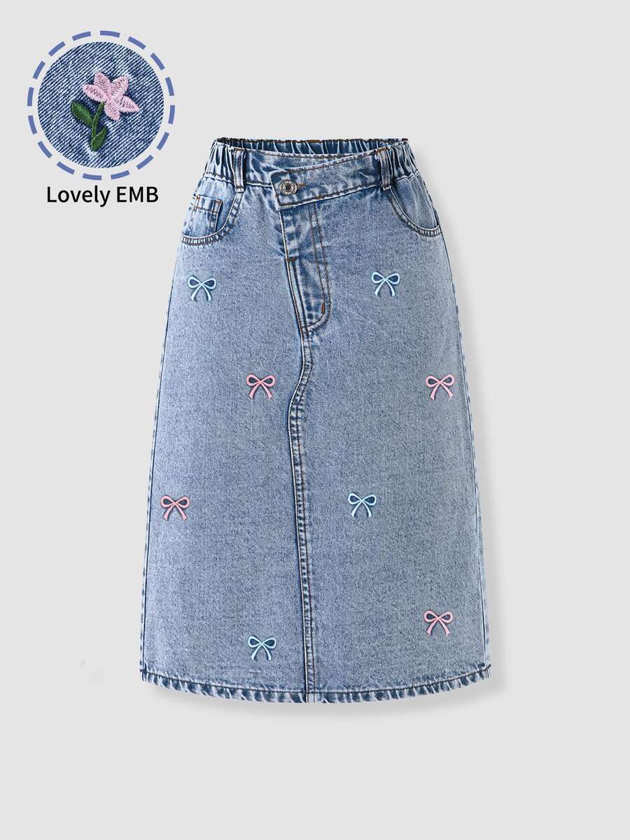 SHEIN 青少年女孩夏季新款水洗藍刺繡花 A 字牛仔裙 高腰貼身直筒 - 淺色水洗藍 - 查看 1