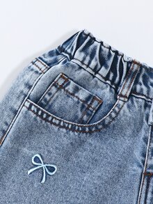 SHEIN 青少年女孩夏季新款水洗藍刺繡花 A 字牛仔裙 高腰貼身直筒 - 淺色水洗藍 - 查看 5