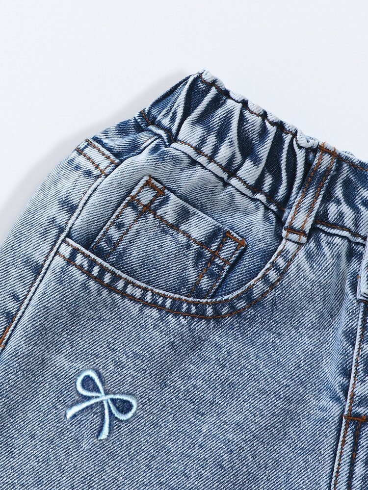 SHEIN Tween Girls Summer New Washed Blue Embroidered Flower A-Line Denim Skirt High Waist Snug Fit Straigh - Light Wash - View 5
