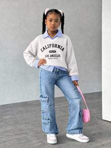 SHEIN Explorewe Tween 女童时尚休闲直筒洗水牛仔裤 - 中等水洗藍 - 查看 7