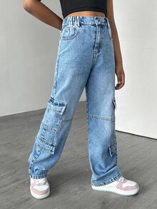 SHEIN Explorewe Tween 女童时尚休闲直筒洗水牛仔裤 - 中等水洗藍 - 查看 6
